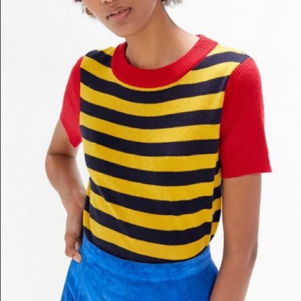 Urban Outfitters Leya Yellow Black Red Striped Short Sleeve‎ Sweater XS Preppy